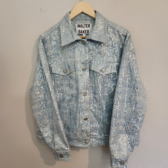 Walter Baker Shawna Sequin Denim Jacket Large | Anthropologie, Oversized Glam Lu - Picture 11 of 15